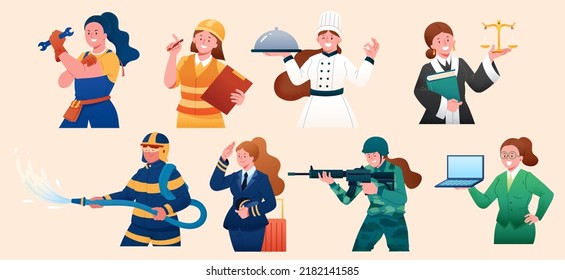 Female in diverse professions. Character illustrations of technician, construction worker, chef, lawyer, firefighter, pilot, soldier and businesswoman.