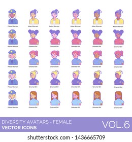 Female diversity avatars set including police woman, asian, oriental girl. Different style of people portrait and user profile picture. Flat vector character illustration.