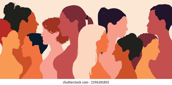 Female diversity and head face profile. Vector flat cartoon illustration. Women and girls communicating and sharing information on social networks and communities.