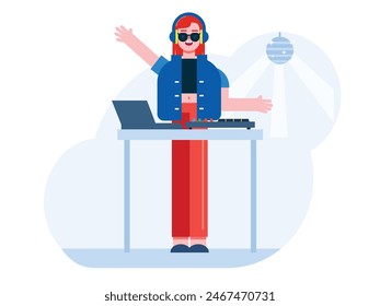 Female DJ with glasses and headphones, show mix song in nightclub. Character design. Vector flat illustration