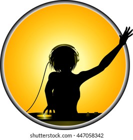 Female DJ with Headphone and Record Decks Over Metallic Border with Yellow Background