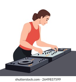Feminino DJ Mixando Música no Console. Ilustração de vetor plano isolada no plano de fundo branco