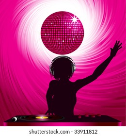 Female dj mixing on a record deck with disco ball