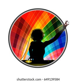 Female DJ Silhouette with Record Deck and Headphone Over Multicoloured Metallic Border on White