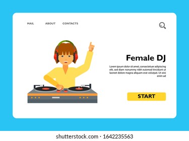 Female DJ wearing headphones and using DJ mixer. Sound, dancing, nightclub. DJ concept. Can be used for topics like music, entertainment, technology.
