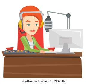 Female dj working in front of microphone, computer and mixing console on radio. Caucasian female dj in headset working on a radio station. Vector flat design illustration isolated on white background.
