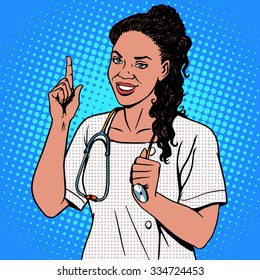 Female doctor of African. The adult doctor the therapist smiles. The profession of medicine and health pop art retro style