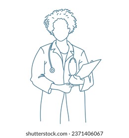 Female doctor African American with a stethoscope line art illustration isolated on a white background 