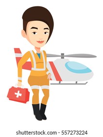 Female doctor of air ambulance. Doctor of air ambulance standing in front of rescue helicopter. Doctor of air ambulance with first aid box. Vector flat design illustration isolated on white background