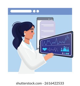 Female doctor analyzing digital health data on touchscreen, futuristic medical technology concept