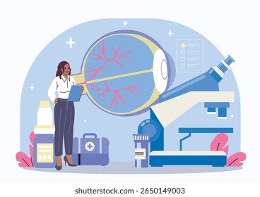 Médica feminina analisando a estrutura do olho com prancheta, microscópio grande e diagrama anatômico do olho no fundo abstrato, conceito de ciência médica. Ilustração vetorial
