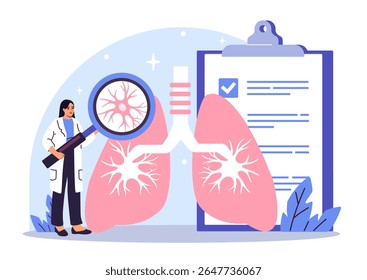Médica feminina analisando os pulmões humanos com lupa, estilo cartoon, em um fundo clínico com prancheta. Conceito de saúde pulmonar e diagnóstico. Ilustração vetorial