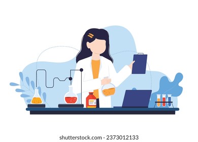 Female doctor is analyzing medicine in hospital laboratory, providing prescription to patient and health care with pharmacy illustration concept