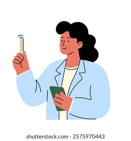 Female doctor analyzing a test tube and using a tablet – medical research illustration, cartoon style.