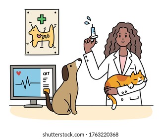 A female doctor at an animal hospital is giving an injection to a cat. A cute dog is sitting and waiting. hand drawn style vector design illustrations. 