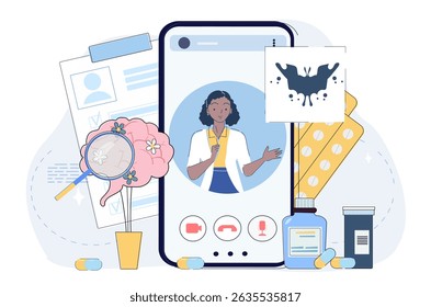 Uma médica aparece em uma tela de smartphone para uma consulta de saúde mental on-line, cercada por cérebro, comprimidos, documentos e ferramentas de teste. Ilustração vetorial
