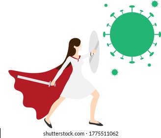A female doctor armed with a tablet-shield and a sword-syringe fights the virus. The concept of heroism of medical workers. Isolated on a white background.