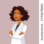 Female Doctor With Arms Crossed Vector Character. Medical practitioner wearing lab coat uniform feeling confident
