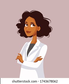 Female Doctor With Arms Crossed Vector Character. Medical practitioner wearing lab coat uniform feeling confident
