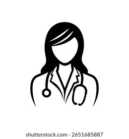 Avatar médico feminino em preto com estetoscópio e aparência médica profissional

