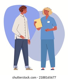 Female doctor, based on medical history and test results, discusses diagnosis with male patient, consults, gives advice and recommendations. Vector characters flat cartoon illustration.
