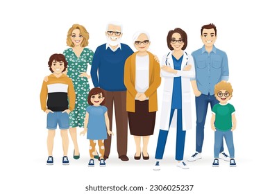 Female doctor with big family vector illustration. Mother, father, daughter, son, grandfather, grandmother standing together isolated