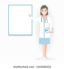 Female Doctor with billboard adn medical presentation icon illustration