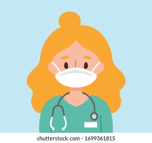 Female doctor with blonde hair wearing scrubs and a mask
