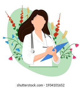 Female doctor with blue tablet, isolated image on green background. Flowers and herbs. Alternative medicine. Homeopathy. Medicine. Medical worker, medical assistant