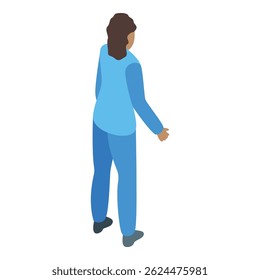 Female doctor in a blue uniform is standing with her back to us and pointing to the side