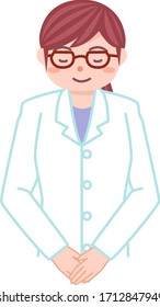 Female doctor bowing while smiling.