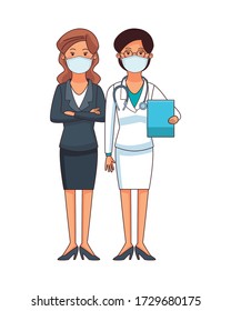 female doctor and businesswoman using face masks vector illustration design