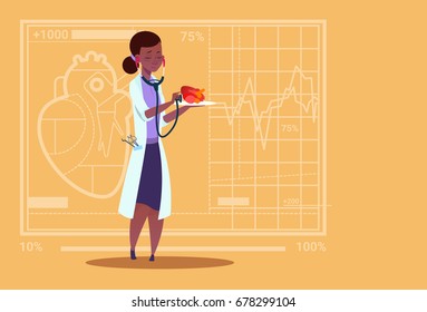 Female Doctor Cardiologist Examining Heart With Stethoscope Medical Clinics African American Worker Hospital Flat Vector Illustration