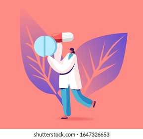 Female Doctor Carry Huge Medicine Pills. Tuberculosis, Flu and Season Illness Prevention, Disease Treatment, Pandemic Spreading Concept. Painkiller or Antibiotic Drugs. Cartoon Vector Illustration