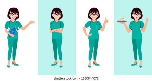 Female doctor cartoon character set, young or teenager lady doctor in different poses, medical worker or hospital staff. Doctor cartoon Flat icon on a white and green background vector