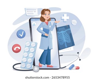 Female doctor character appearing from smartphone with medical elements like pills, X-ray, and stethoscope around, on white background. Concept of telemedicine. Vector illustration