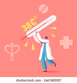 Female Doctor Character Carry Huge Thermometer with High Temperature Scale. Flu, Appendicitis Disease, Intestine Inflammation Symptoms. Emergency Help, Surgery Concept. Cartoon Vector Illustration
