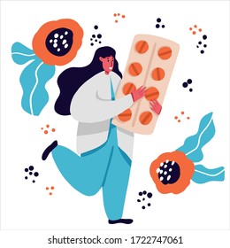 Female Doctor Character Carry Huge Medicine Pill for Treating Gastroenterology Disease, Illness Prevention, Treatment Pandemic Spreading, Antibiotic or Painkiller Concept. Cartoon Vector Illustration.
