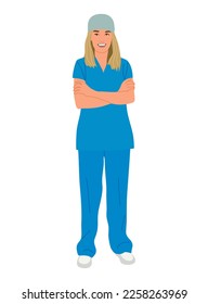 Female doctor character. Confident healthcare professional, therapist, nurse wearing blue medical uniform. Pretty young blonde girl. Vector realistic illustration isolated on white background.