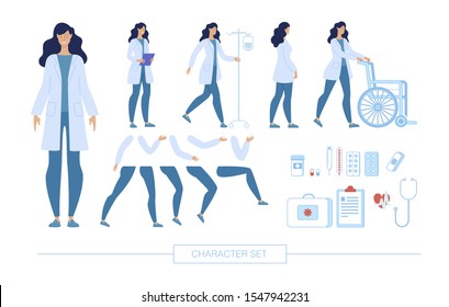 Female Doctor Character Constructor Trendy Flat Design Elements Set Isolated on White Background. Nurse in Various Poses, Body Parts Pack, Emotion Face Expressions Kit, Medical Equipment Illustrations