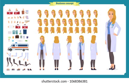 Female Doctor character creation set with various views,Face emotions, poses, gestures, medical equipment. Front, side, back, full body. Cartoon style, flat vector illustrations