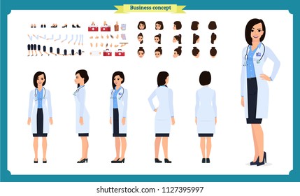 Female doctor character creation set. Front, side, back view animated character.Lady doctor character constructor with various views, Face emotions,  hairstyles,Cartoon style, flat vector illustration