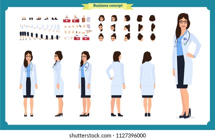 Female doctor character creation set. Front, side, back view animated character.Lady doctor character constructor with various views, Face emotions,  hairstyles,Cartoon style, flat vector illustration