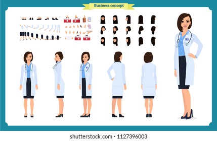 Female doctor character creation set. Front, side, back view animated character.Lady doctor character constructor with various views, Face emotions,  hairstyles,Cartoon style, flat vector illustration