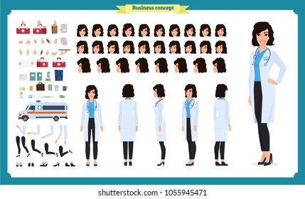 Female doctor character creation set.Front, side, back view animated character.Doctor character creation set with various views,Face emotions, poses, gestures.Cartoon style, flat vector illustrations