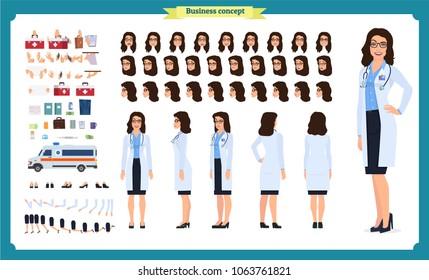 Female doctor character creation set.Front, side, back view animated character.Doctor character creation set with various views,Face emotions, poses, gestures.Cartoon style, flat vector illustrations