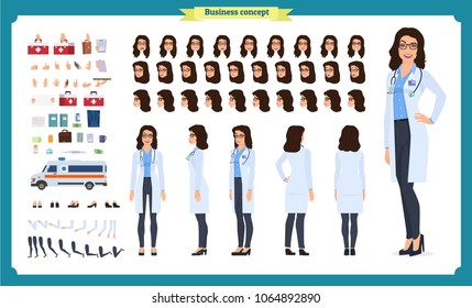 Female doctor character creation set.Front, side, back view animated character.Doctor character creation set with various views,Face emotions, poses, gestures.Cartoon style, flat vector illustrations