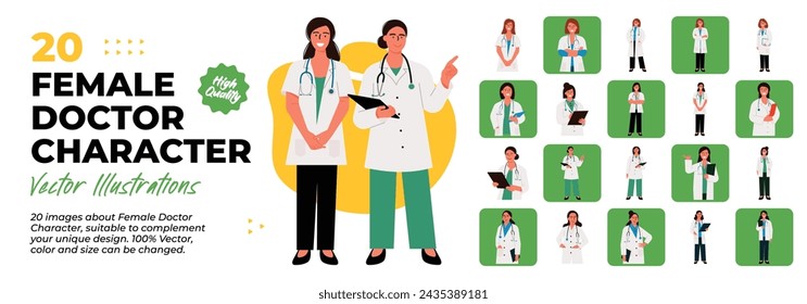 Female Doctor Character Illustration. 10 Images Set. Collection Scenes of female or girl Doctor Character. Vector Illustration