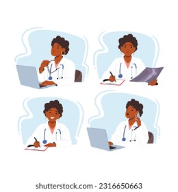 Personaje Médico Femenino Con Laptop, Utilizando Tecnología Para Mejorar La Atención Al Paciente, Mejorar La Eficiencia Y Acceder A Información Médica Para Diagnósticos Y Tratamiento. Ilustración de vectores de personas de caricatura