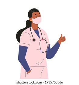 Female doctor character in medical face mask. Professional hospital worker, doctor with a stethoscope shows a like. Woman in medical clothes. Flat illustration isolated on white background. 